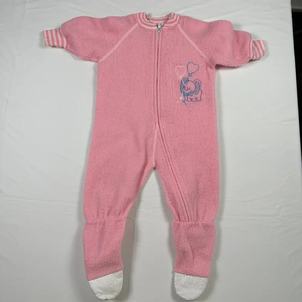 Vintage 80s JCP Toddle Time Elephant w/ Balloons Pink Fleece Footie Pajamas Sz1